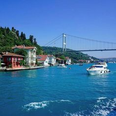 boats are in the water near houses and a suspension bridge above them on a sunny day