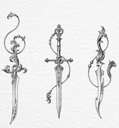 three different types of swords are shown in this drawing, one is black and white