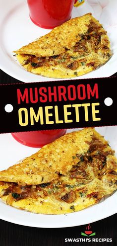 mushroom omelette on a white plate next to a red cup