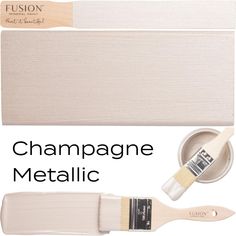 the words champagne metallic are shown above two paint brushes and one is white with black lettering