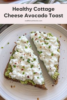 healthy cottage cheese avocado toast on a white plate with the title above it