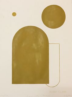 an abstract painting with two circles and a rectangle in gold on a white background