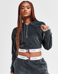 Kick back on chill days with this women's Velour Crop Hoodie from Tommy Jeans. In a New Charcoal colourway, this standard fit hoodie is cut from soft velour fleece for total comfort. It features a 1/4-zip fastening and hood for custom coverage, with ribbed trims for a secure fit and a cropped hem for laidback vibes. Finished up wth Tommy Jeans branding. Machine washable | Our model is 5'7" and wears a size small. Jeans Branding, Crop Hoodie, Workout Hoodie, Jd Sports, Tommy Jeans, Cropped Hoodie, 1/4 Zip, Sport Fashion, Thing 1