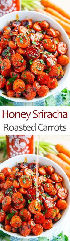 roasted carrots with honey sriraca sauce in a white bowl