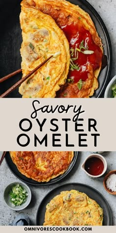 an omelet on a plate with chopsticks next to it and the title saying savory oyster omelet