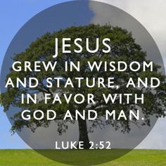 a tree with the words jesus grew in wisdom and statue, and in favors with god and man