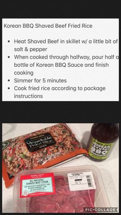 the ingredients for korean bbq shaved beef fried rice are shown in separate images and labeled