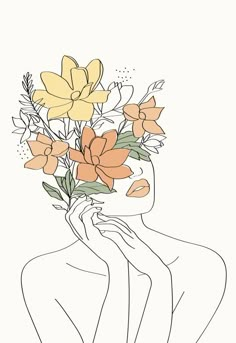 a line drawing of a woman's face holding a bouquet of flowers in her hand