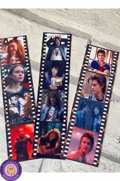 four film strips with pictures of actors on them