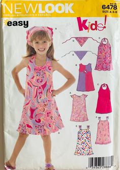 Easy sewing pattern for a little girls and girls summer dress in 6 styles and head scarf/bandana. Uncut and factory folded (unused) sewing pattern. The envelope may have some wear / damage / ink markings. All pattern pieces (not fabric or notions) and instructions are included. My home is smoke free, pet friendly. Sheath Dress Pattern, Scarf Sewing Pattern, Kerchief Hair, New Look Patterns, Summer Dress Patterns, Girls Sundress, Simplicity Dress, Girl Dress Pattern, Sewing Patterns For Kids