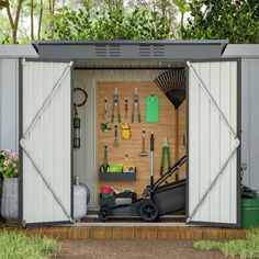 a garden shed with tools in it