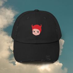 Thank you for visiting my shop! Cute Sonny Angel Devil distressed cap!  - 100% cotton twill - self-fabric hideaway strap with metal D-ring slider - Please note: Due to a special finishing process, distress and color may vary Fun Black Cotton Baseball Cap, Novelty Cotton Adjustable Baseball Cap, Novelty Cotton Baseball Cap One Size Fits Most, Novelty Cotton Baseball Cap One Size, Novelty Cotton Snapback Baseball Cap, Casual Adjustable Baseball Cap For Halloween, Casual Cotton Halloween Hat, Halloween Cotton Hat, Casual Halloween Cap