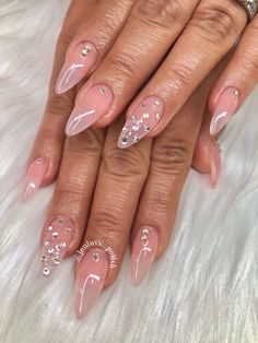 Almond Shape Aprés GelX Nails Cute Almond Shape Nail Ideas, Almond Shape Nails With Rhinestones, Baddie Nails Almond Shape, Almond Shape Birthday Nails, Almond Shaped Nails With Rhinestones, Diamond Almond Nails, Almond Nails Rhinestones, Bling Almond Nails, Almond Nails With Rhinestones