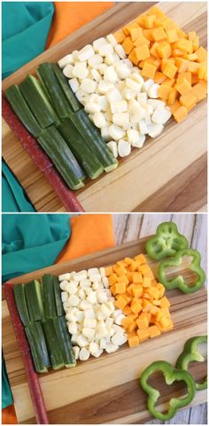 two pictures showing different types of vegetables on a cutting board with peppers, celery and cheese