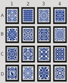 blue and white tiles with different designs on the sides, all arranged in square shapes