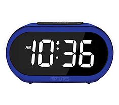 the alarm clock is blue and has white numbers