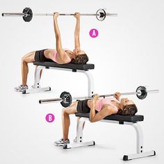 a woman is doing the bench press exercise