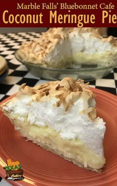 a slice of coconut meringue pie on an orange plate