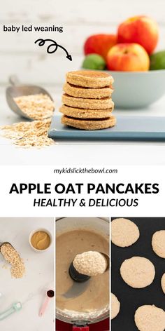 an apple oat pancake recipe is shown in this collage with the title above it