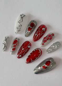 ✴ Hand painted ✴ Reusable ✴ High Quality ✴ Available in different colors, sizes and shapes (on request) IMPORTANT - PLEASE READ BEFORE PURCHASING All sets are made with GEL nail polish. These nails are reusable, if you take it off right. For instruction, please message me Each set comes with 10 handmade press on nails, a mini file, a mini buffer, a cuticle stick, a nail glue, Double Sided Adhesive Tape Glue, Alcohol Pad 1. Measurements Please measure your own nail and find your size from our picture guide. We totally can do custom size as your request, just help us to add your nail size in mm or your nail tips number, and shape, we will process accordingly without any extra charges. Message me if you are unsure about the size/length. We DO NOT accept cancelation for sizing/length problems. Almond Nails Cute, Chrome Almond Nails, Event Nails, Chrome Almond, Nails Goth, Nails Holiday, Nails Cute, Birthday Event