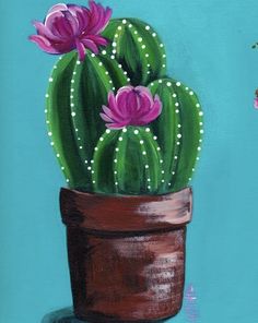 a painting of a cactus with pink flowers in a brown pot on a blue background