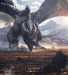 a large dragon flying through the air over a rocky field with mountains in the background