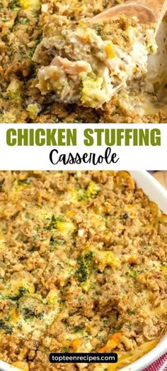 chicken stuffing casserole in a white dish with a wooden spoon on the side