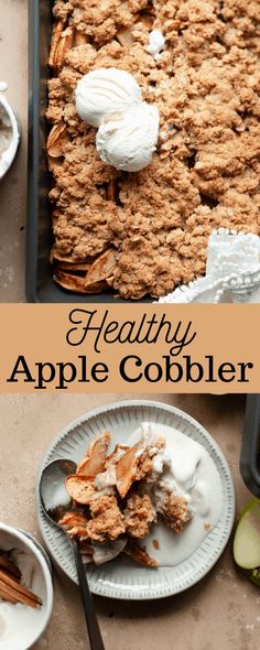 healthy apple cobbler recipe with apples and whipped cream on top, in a baking pan