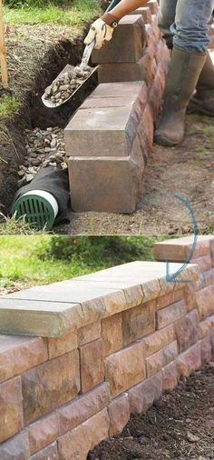 two pictures side by side one shows a brick retaining wall and the other shows a man laying