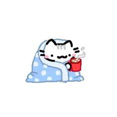 the cat is wrapped in a blanket and holding a hot cup with some kind of liquid