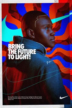 an advertisement for nike featuring a young man in front of a colorful background with the words, bring the future to light