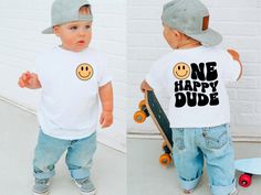 two photos of a toddler wearing a one happy dude t - shirt and holding a skateboard