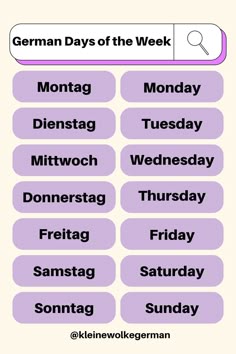 the german days of the week are shown in purple and white, with black lettering