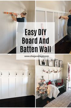 a man is painting the wall in his living room with white paint and black trim