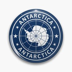 a blue and white circular badge with the words antarctica on it's side