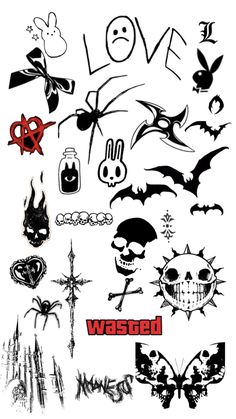 various stickers that are on the back of a white sheet with black and red ink