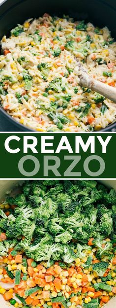 this creamy orzo has broccoli, corn and carrots in it