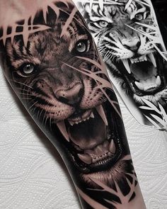 two tattoos on the legs of people with tiger and tiger faces in black and white