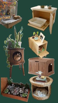 several different types of wooden furniture with plants and pictures on the top one is in a potted planter