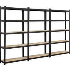 an industrial shelving unit with four shelves on each side and one shelf above the other