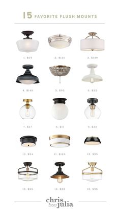 the top five favorite flush mounts for ceiling lights in various styles and colors, including black, white, gold, and silver