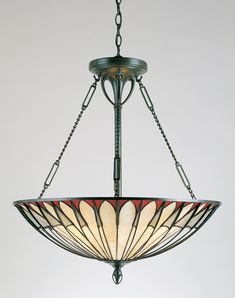 a hanging light fixture with stained glass shades