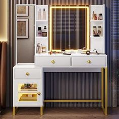 a dressing table with a lighted mirror and drawers