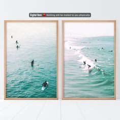 two framed photographs of surfers in the ocean