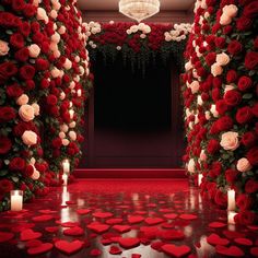 a red and white wedding aisle with hearts on the floor