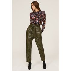 Green faux leather (100% Polyurethane). Trousers. Front zipper fly with button closure. 40.5" from waist to hemline. 27" inseam. Imported. Trendy Faux Leather Pants For Business Casual, Trendy Faux Leather Business Casual Pants, Trendy High-waisted Leather Pants For Fall, Fall Faux Leather Pants With Belt Loops, Fall High-waisted Leather Pants With Belt Loops, Faux Leather Pants With Belt Loops For Fall, Fall Faux Leather Bottoms With Belt Loops, Faux Leather Bottoms With Belt Loops For Fall, Fall Leather Pants For Work With Belt Loops