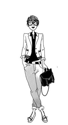 a black and white drawing of a woman with glasses holding a handbag in her right hand