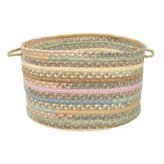 a multicolored basket is shown with rope on the top and bottom, in different colors