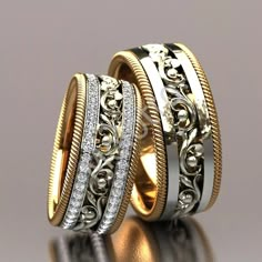 two gold wedding bands with diamonds on them