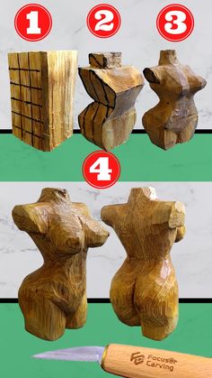 the steps to carving wood are shown in three different ways